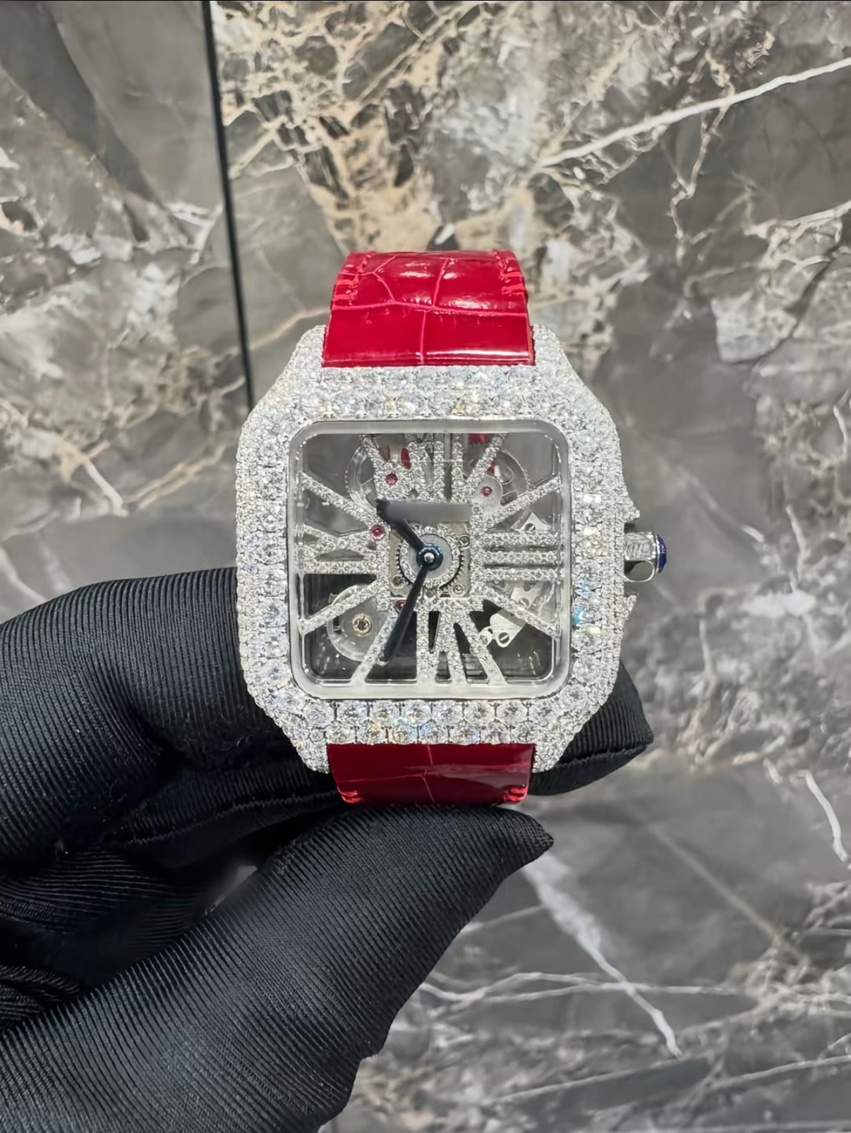 1:1 Red Iced Out Skeleton Wrist Bling